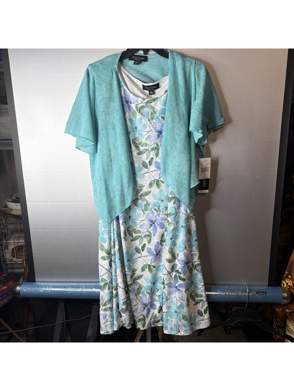 NWT Perceptions New York Women's 2-Piece Dress & Jacket Set Size L Aqua Floral